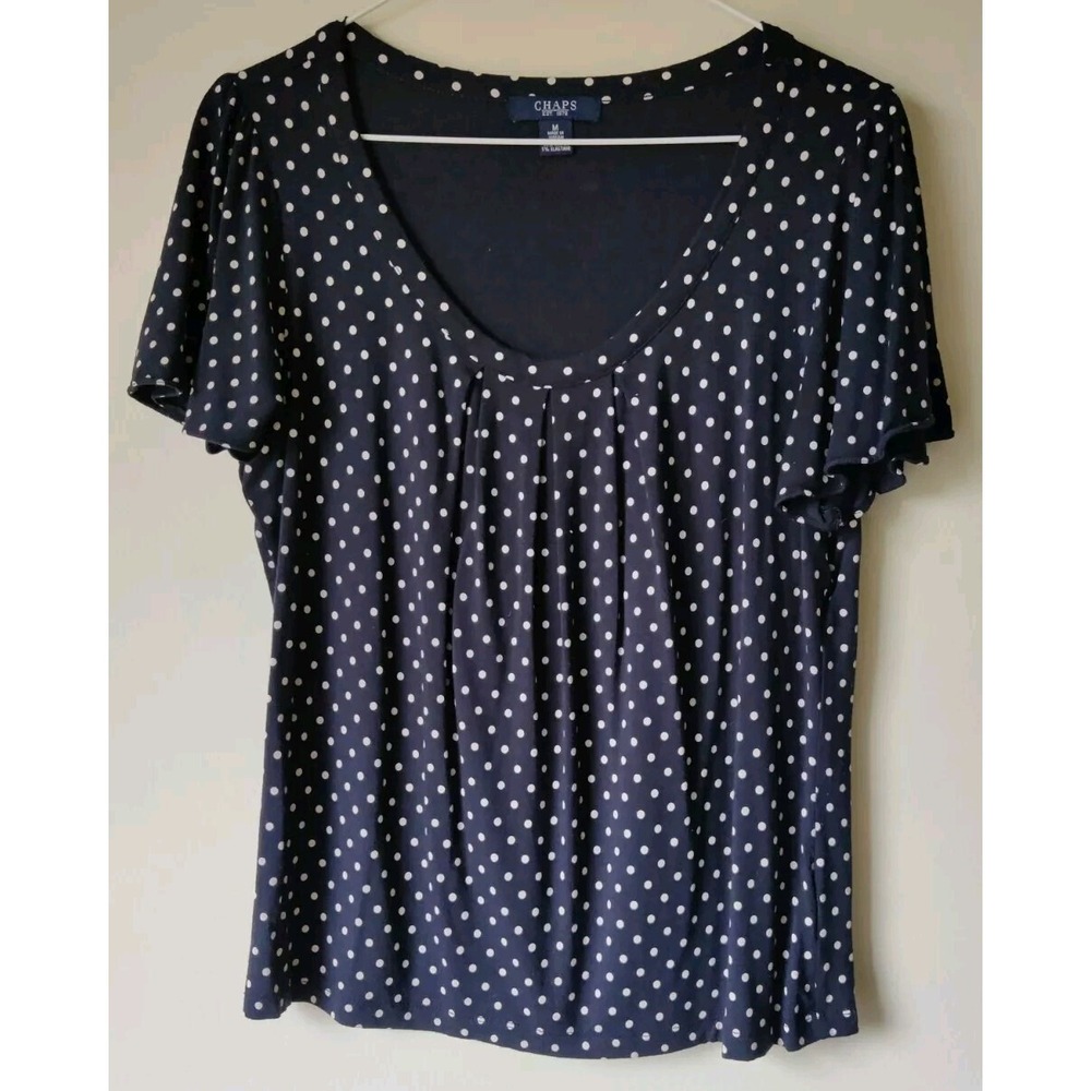 Chaps Women's Polka Dot Top Navy Blue/White Short Sleeve Size Medium Front Pleat